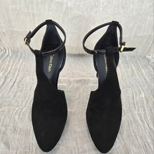 Calvin Klien Black suede strappy shoes with gold accent